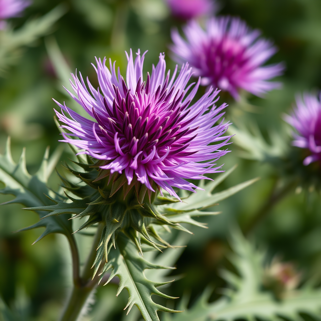 Create a photorealistic close-up image of a milk thistle plant with its distinctive purple flowers and spiky leaves. The plant should appear healthy and vibrant. Use soft, natural lighting to highlight its texture and color. Camera angle should be slightly elevated to capture the full bloom of the flower. Emphasize the plant's natural beauty and resilience, conveying its protective and regenerative properties.
