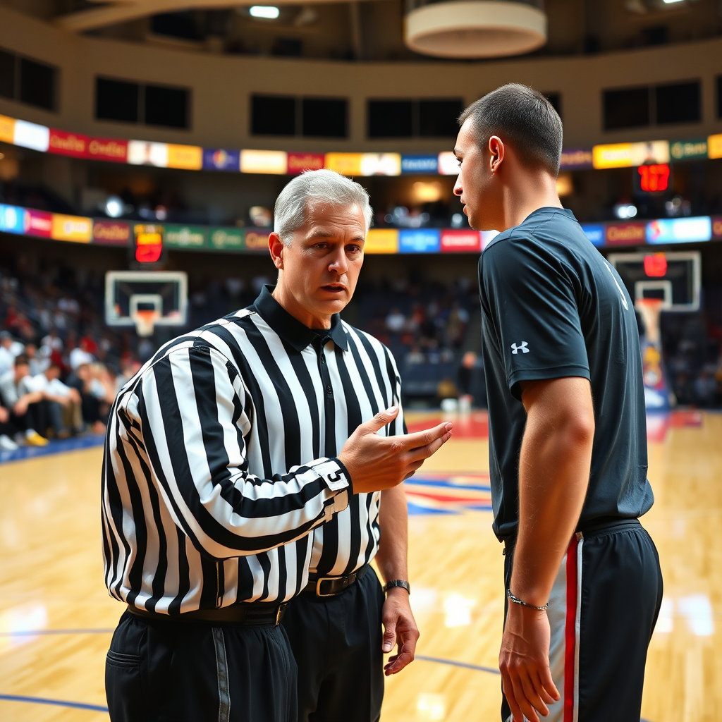 Create a photorealistic image of a basketball referee explaining a foul to a player during a game. The background should be a brightly lit basketball court with players and spectators in the background. Capture the seriousness and importance of following the rules. Use a medium shot to focus on the interaction between the referee and the player. 8k resolution, professional sports photography.