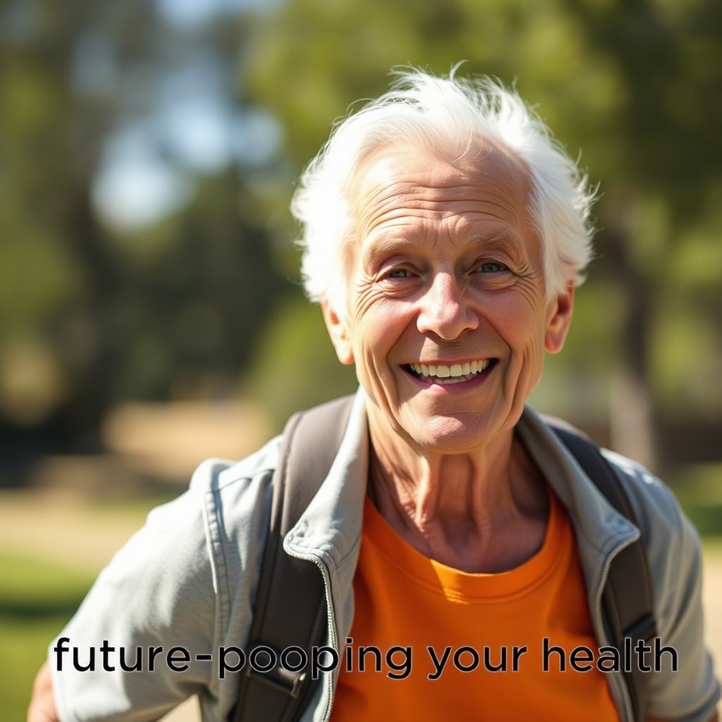Create a photorealistic image of a healthy and active older adult enjoying life to the fullest. The person should appear vibrant and energetic. Use bright, natural lighting to emphasize their vitality. Camera angle should be a medium shot capturing the person's expression. This image should convey that Hepatoburn contributes to future-proofing your health.
