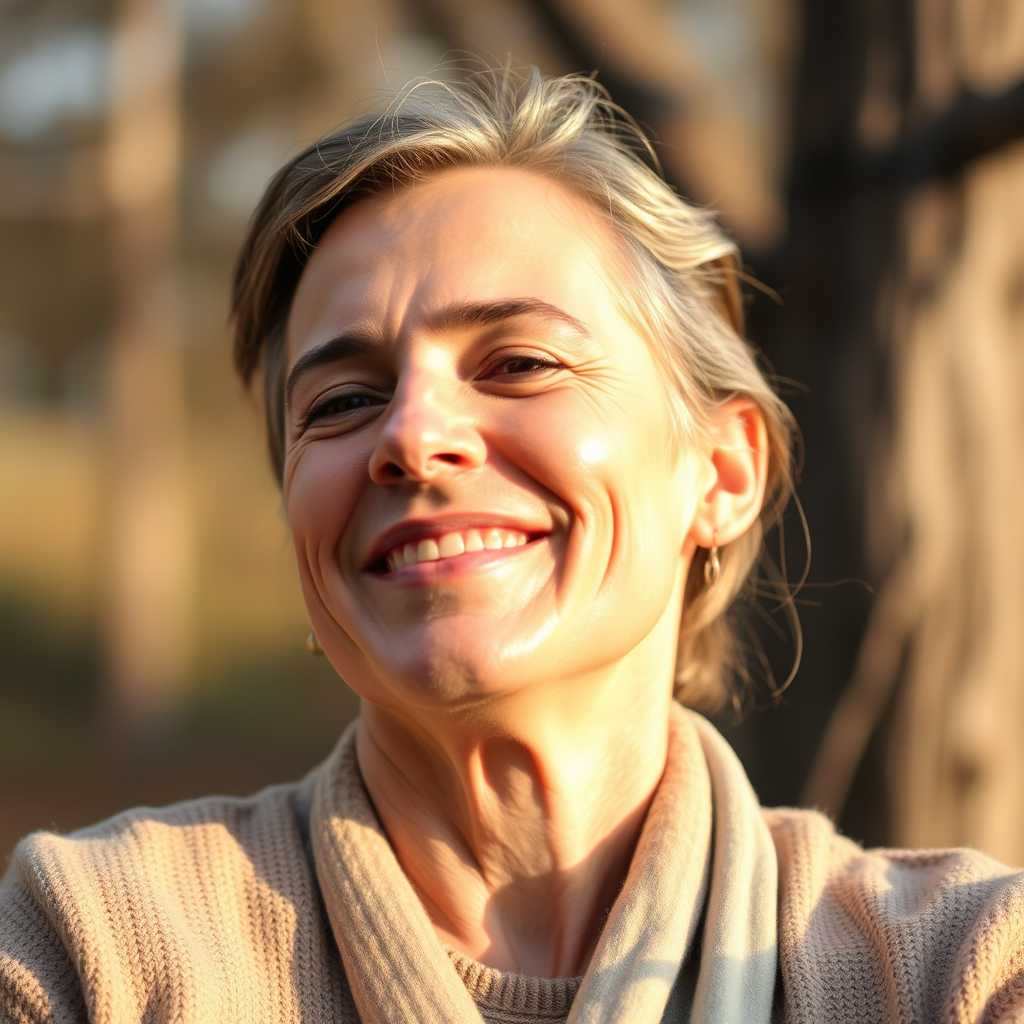 Create a photorealistic image of a person feeling relaxed and content, perhaps enjoying a peaceful moment in nature. The person should appear calm and happy. Use soft, warm lighting to create a sense of well-being. Camera angle should be a medium shot capturing the person's expression. This image should convey the real-life benefit of enhanced well-being from using Hepatoburn.