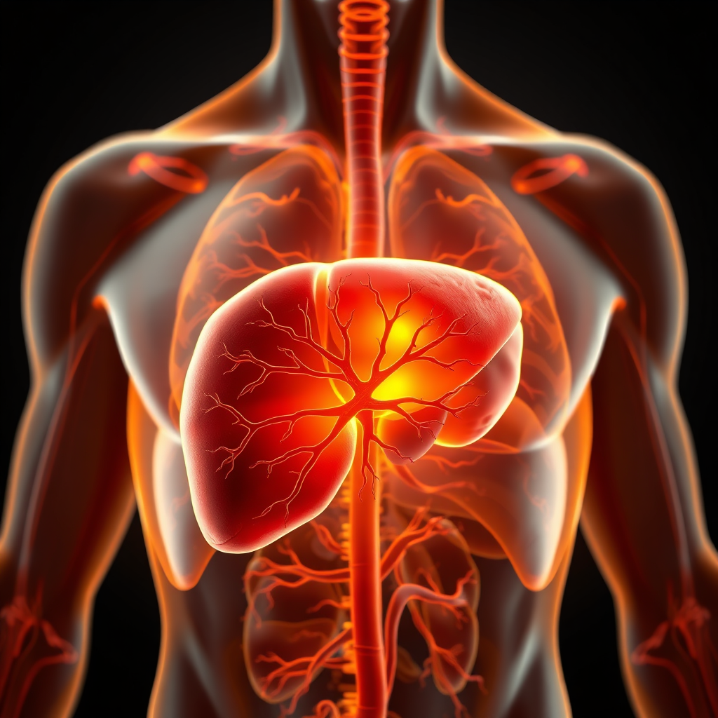 Create a photorealistic image of a healthy liver inside a human body. The liver should be glowing with a soft, golden light, symbolizing its vital functions. Surrounding organs should be subtly visible but out of focus. Focus on the liver's intricate structure and the flow of blood vessels. Use a warm color palette with emphasis on reds and oranges for blood flow, and yellows for liver activity. Lighting needs to be soft and diffused to highlight the liver's smooth texture. Camera angle should be slightly zoomed in to capture the complexity of the organ. Include subtle visual cues that represent detoxification processes. The image must convey the importance of the liver's central role in maintaining health.