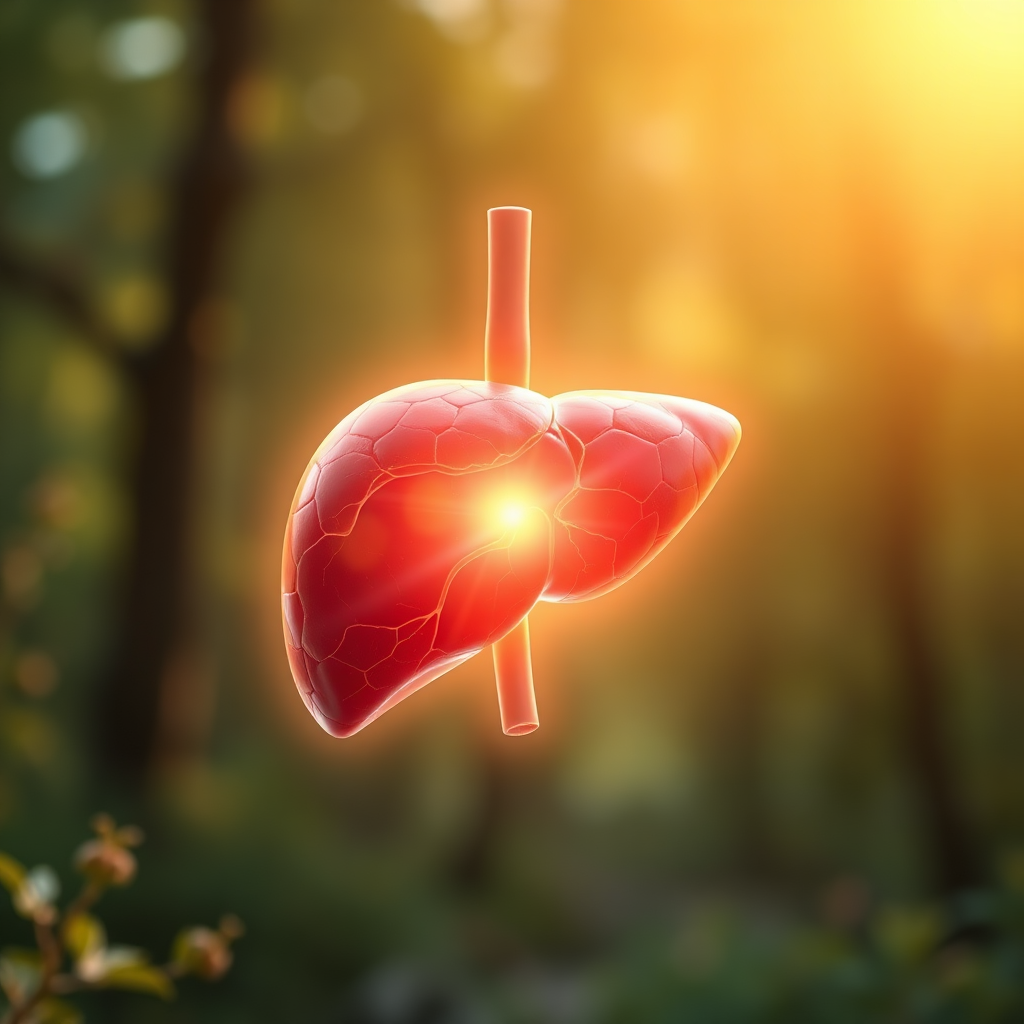 Create a photorealistic image of a healthy liver glowing with inner light, symbolizing long-term health and vitality. The background should feature a peaceful and serene natural environment. Use soft, warm lighting to create a sense of calm and well-being. Camera angle should be slightly elevated to showcase the liver and its surrounding environment. This image should convey the lasting benefits of Hepatoburn for liver health.
