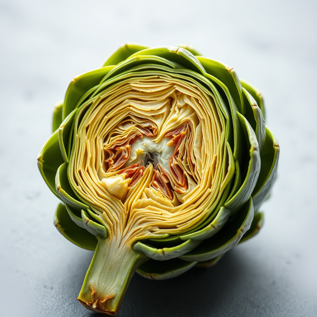 Create a photorealistic image of an artichoke, sliced in half to reveal its inner layers. The artichoke should appear fresh and healthy. Use soft, diffused lighting to bring out the intricate details of its structure. Camera angle should be a close-up, focusing on the layers and textures. This image should convey a sense of natural purity and the health benefits associated with artichoke extract.