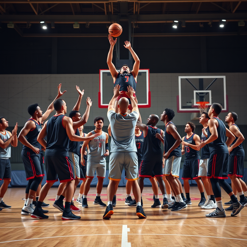Create a photorealistic image of multiple people playing a basketball and one person is on the top and cheering the people. The background is a basketball court. Focus on the harmony of the team. 8k resolution, professional photography.