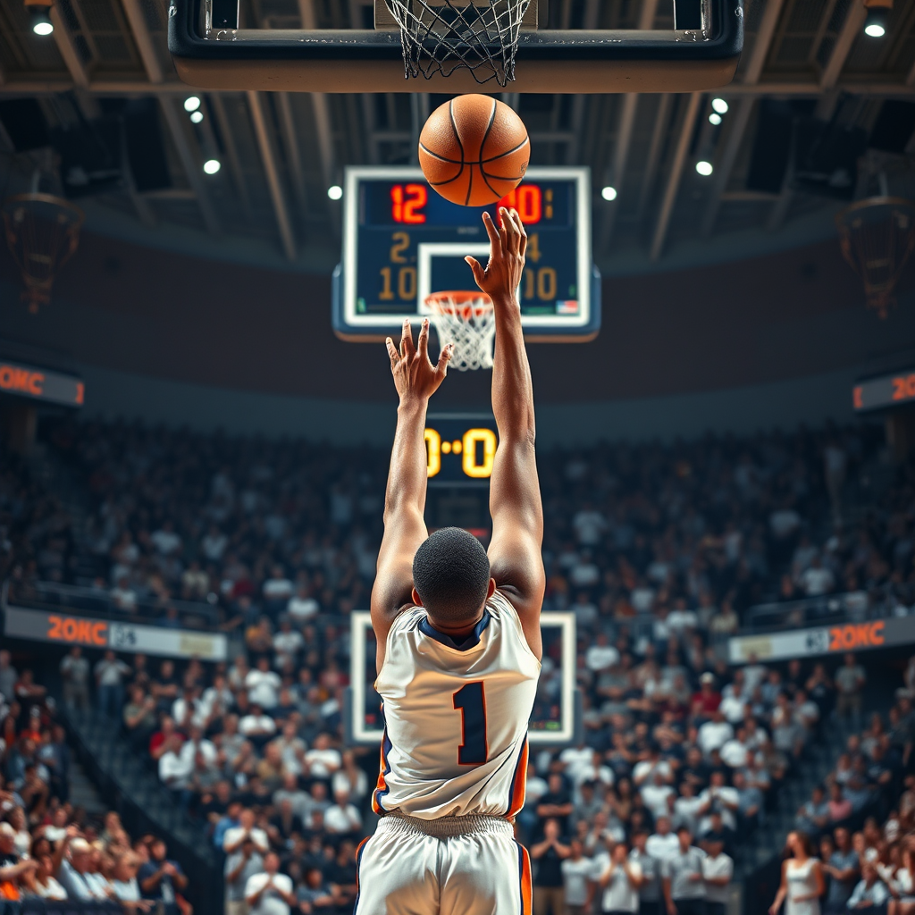 Create a photorealistic image of a basketball player making a game-winning shot at the buzzer, with the clock showing 0:00. The background should be a brightly lit basketball court with a cheering crowd. The focus should be on the player releasing the ball and the clock. Capture the drama and excitement of the moment. 8k resolution, professional sports photography.