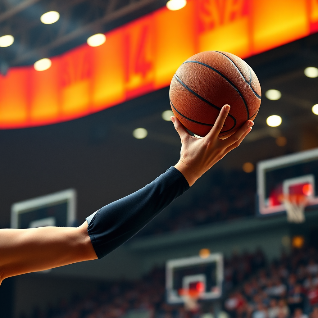 Create a photorealistic image of a basketball player in mid-air, releasing the ball with perfect form. The background should be a blurred basketball court with dynamic lighting effects. The focus should be on the player's hand releasing the ball and the ball's trajectory. Capture the intensity and precision of the shot. 8k resolution, professional sports photography.