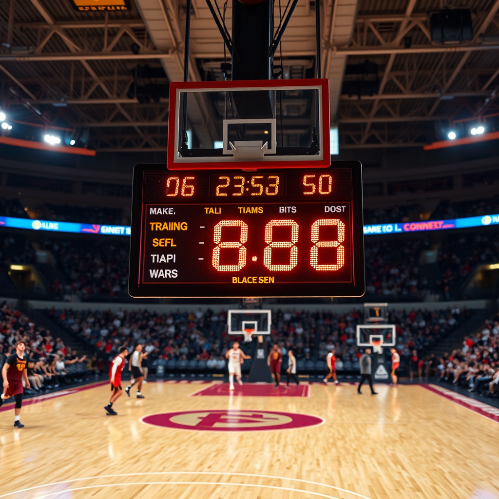 Create a photorealistic image of a scoreboard displaying the current score during a basketball game, with the clock running down. The background should be a brightly lit basketball court with players and spectators in the background. Capture the excitement and tension of the moment. Use a medium shot to focus on the scoreboard and the game situation. 8k resolution, professional sports photography.