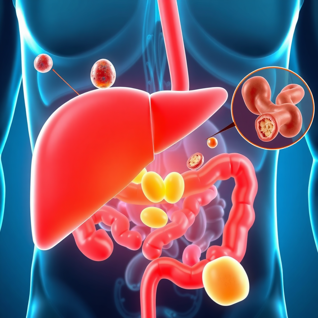 Create a photorealistic image illustrating the process of fat digestion with the liver playing a central role. Show fat molecules being broken down and absorbed into the bloodstream. Use clear, informative visuals to represent the digestive process. Lighting should be bright and focused. Camera angle should be a close-up of the digestive process. This image should convey the liver's critical role in fat digestion and its impact on weight management.