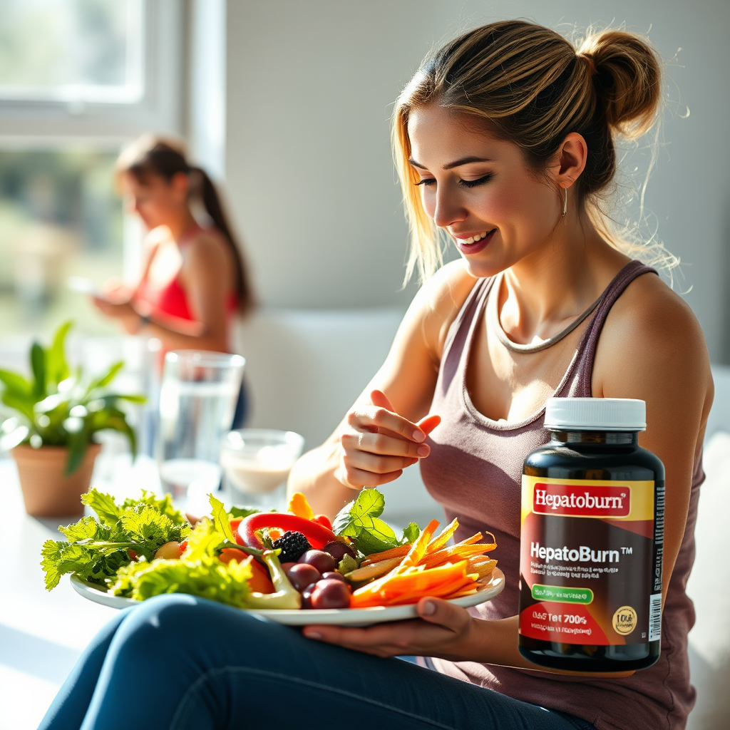 Create a photorealistic image showcasing healthy lifestyle choices that support liver health, including a nutritious meal, exercise, and the Hepatoburn supplement. Use bright, natural lighting to emphasize health and vitality. Camera angle should be a medium shot capturing the elements of a healthy lifestyle. This image should convey essential strategies for maintaining liver health.