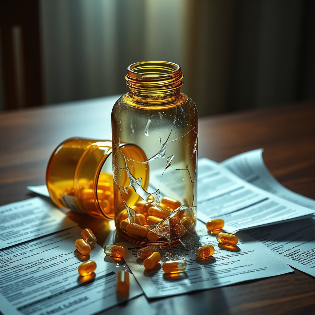 Create a photorealistic image depicting a shattered bottle of turmeric supplements on a table, with medical documents scattered around it. The shattered glass should be sharp and reflective, emphasizing the damage. The medical documents should show snippets related to liver injuries. Use dramatic lighting to highlight the broken bottle and the severity of the situation. The overall tone should be somber and cautionary.