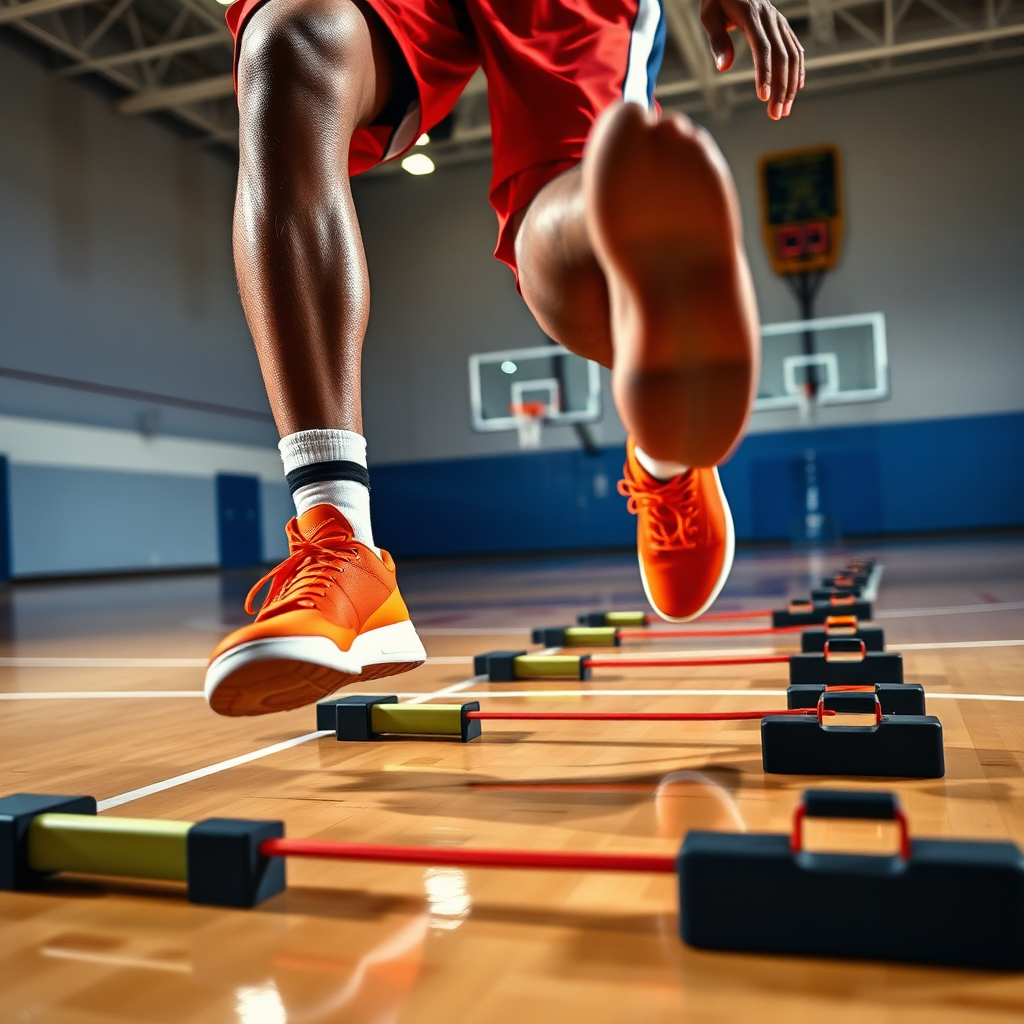 Create a photorealistic image of a basketball player practicing footwork drills with agility ladders. The player should be in motion, with their feet blurred to emphasize the speed and precision. The background should be a brightly lit basketball court with minimal distractions. Capture the intensity and focus of the player. 8k resolution, professional sports photography.