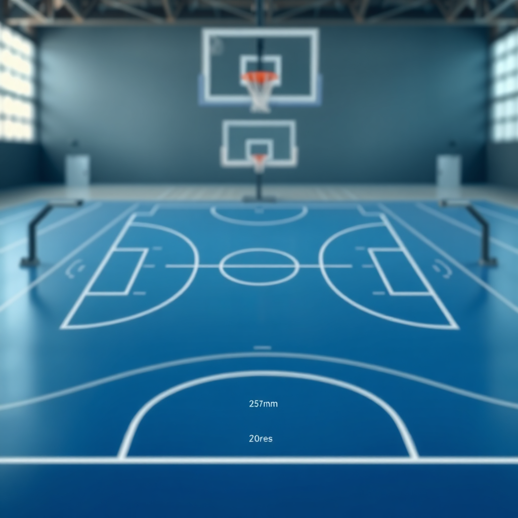 Create a photorealistic image of a basketball court diagram with clearly marked dimensions and zones. The background should be a blurred basketball court, implying a training environment. The lighting should be even and clear, highlighting the details of the diagram. This image should convey a sense of understanding the game. 8k resolution, professional photography.