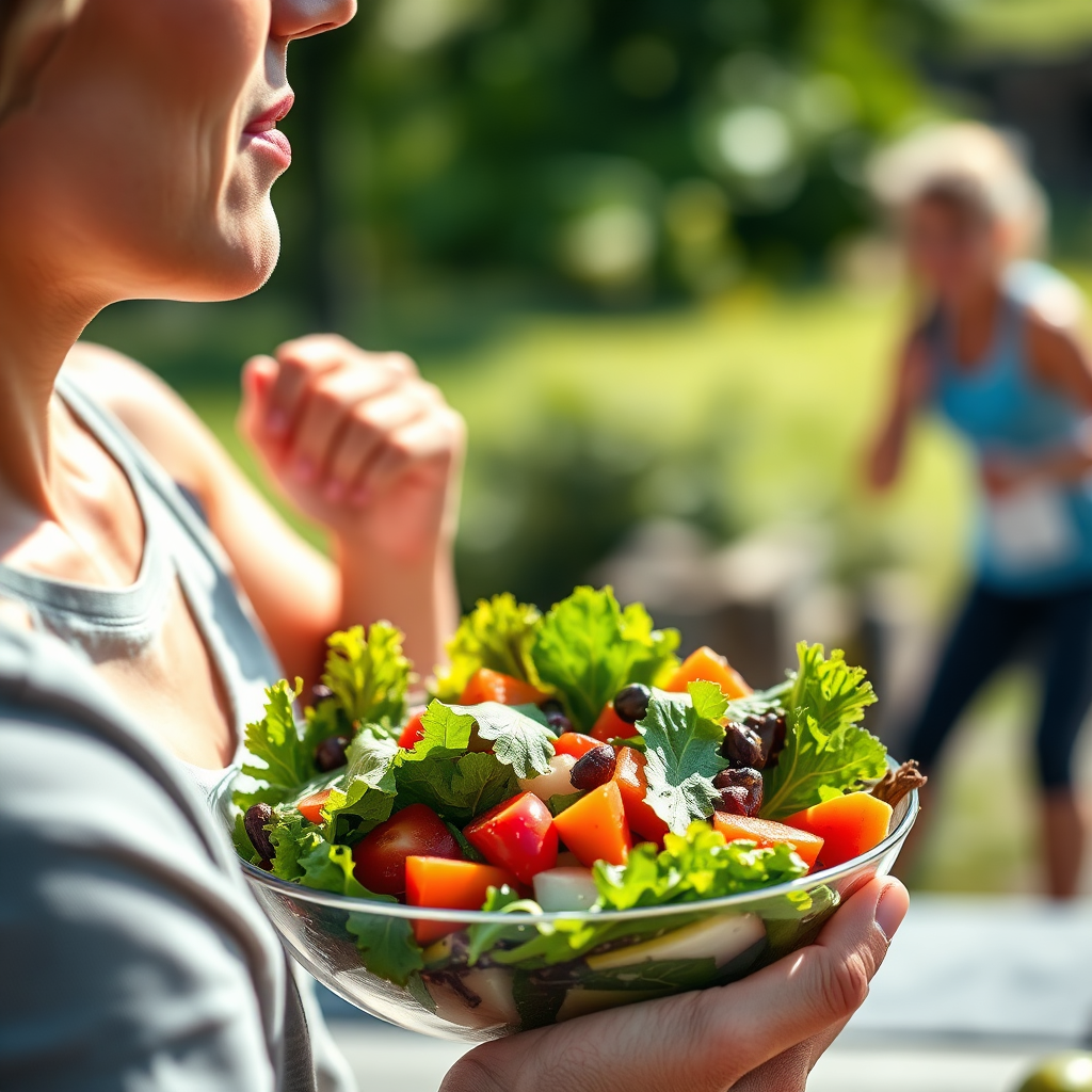 Create a photorealistic image showcasing healthy lifestyle choices that promote liver health. Depict a person enjoying a colorful salad with leafy greens, fruits, and vegetables. In the background, show a person exercising outdoors. Use vibrant colors to emphasize the freshness of the food and the energy of the exercise. Lighting should be bright and natural, simulating sunlight. Camera angle should be a medium shot focusing on the salad and the person eating it. The image must convey a sense of vitality and well-being, inspiring viewers to adopt healthier habits. Make sure to include elements representing portion control and hydration.