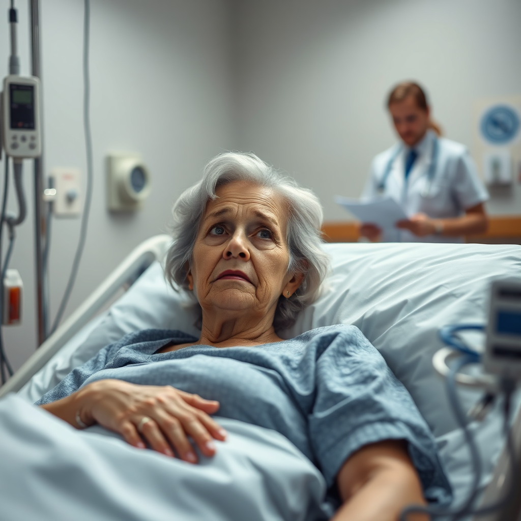 Create a photorealistic image of a hospital room, focusing on the concerned expression of a 57-year-old woman lying in bed. Medical equipment surrounds her, with IV drips and monitoring devices visible. In the background, a doctor consults with a nurse, with a blurred view of medical documents. The lighting should be soft and diffused, conveying a sense of vulnerability and medical tension. The color palette should be muted, with subtle hints of medical blue and white, emphasizing the seriousness of the situation.