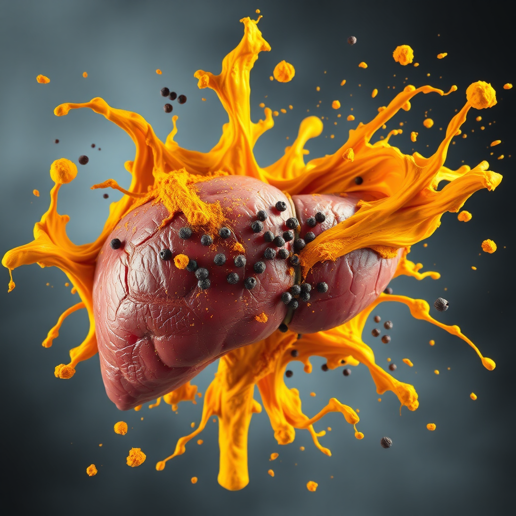 Create a photorealistic image of a liver being overwhelmed by a surge of turmeric and black pepper. The turmeric should be vibrant and flowing, while the liver looks distressed and strained. Use contrasting colors to emphasize the impact, with the turmeric being brightly colored and the liver appearing pale and stressed. The composition should focus on the sheer volume of turmeric overpowering the liver's capacity to process it.