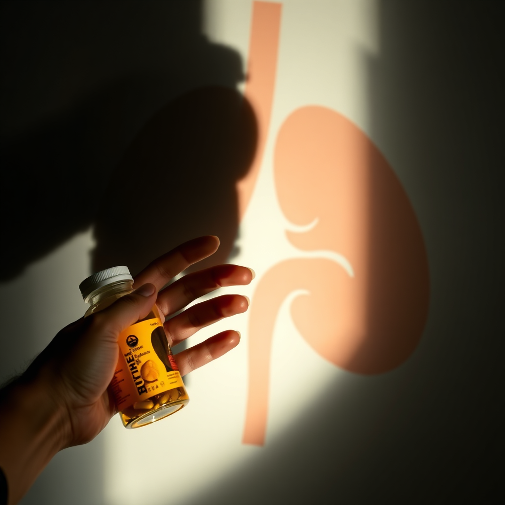 Create a photorealistic image showing a person reaching for a bottle of turmeric supplements, with a subtle yet ominous shadow of a damaged liver superimposed in the background. The lighting should be dramatic, focusing on the bottle while casting the shadow in a desaturated tone. The composition should convey a sense of caution and potential danger, emphasizing the link between excessive supplement intake and liver health risks. The color palette should be warm tones of turmeric contrasting with the cool, muted shades of the shadow.