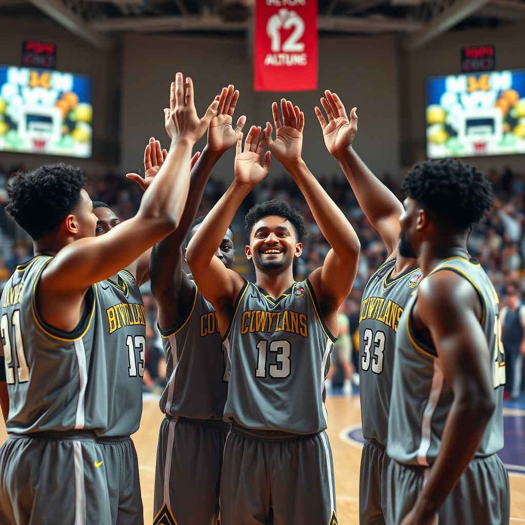 Create a photorealistic image of a basketball team celebrating a victory with high-fives and smiles. The background should be a brightly lit basketball court with a cheering crowd. The focus should be on the team's unity and camaraderie. Capture the excitement and joy of the moment. 8k resolution, professional sports photography.