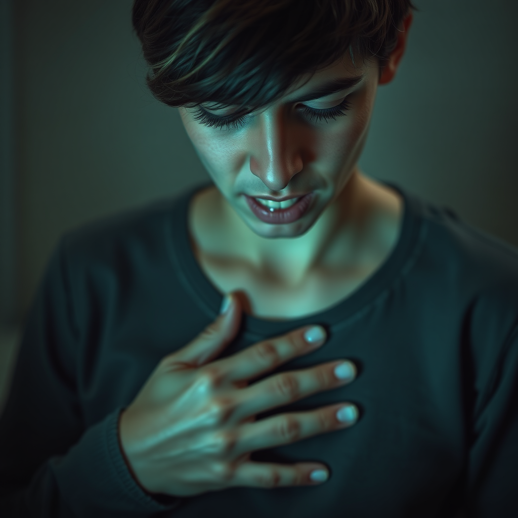 Create a photorealistic image of a person looking tired and nauseous, with a hand gently placed on their stomach. The background should be blurred to focus on their expression of discomfort. Use soft, diffused lighting to convey a sense of vulnerability. The color palette should be muted and calming, with slight green undertones to represent nausea. The overall tone should be empathetic and concerned.