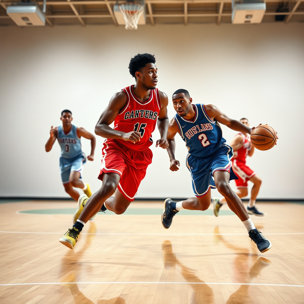 Create a photorealistic image of basketball players executing a fast break with coordinated movement. The background should be a brightly lit basketball court with minimal distractions. Capture the speed and precision of the players. Use a low angle to accentuate the power and agility. 8k resolution, professional sports photography.