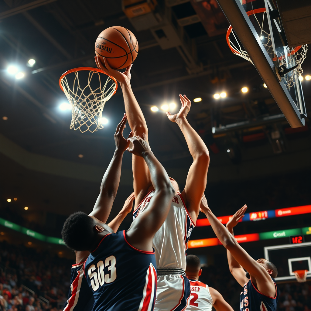 Create a photorealistic image of a basketball player leaping high to grab a rebound, with multiple players battling for position beneath the basket. The background should be a brightly lit basketball court with dynamic lighting effects. The focus should be on the player's hands gripping the ball and the intensity of the competition. 8k resolution, professional sports photography.