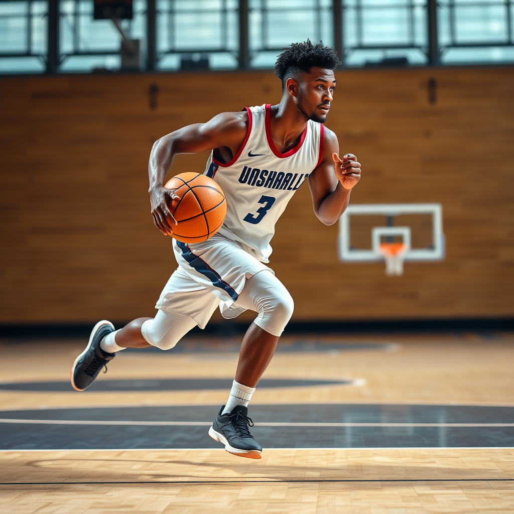 Create a photorealistic image of a basketball player sprinting with determination during a conditioning drill. The background should be a brightly lit basketball court with minimal distractions. Capture the intensity and focus of the player. Use a low angle to accentuate the power and speed. 8k resolution, professional sports photography.