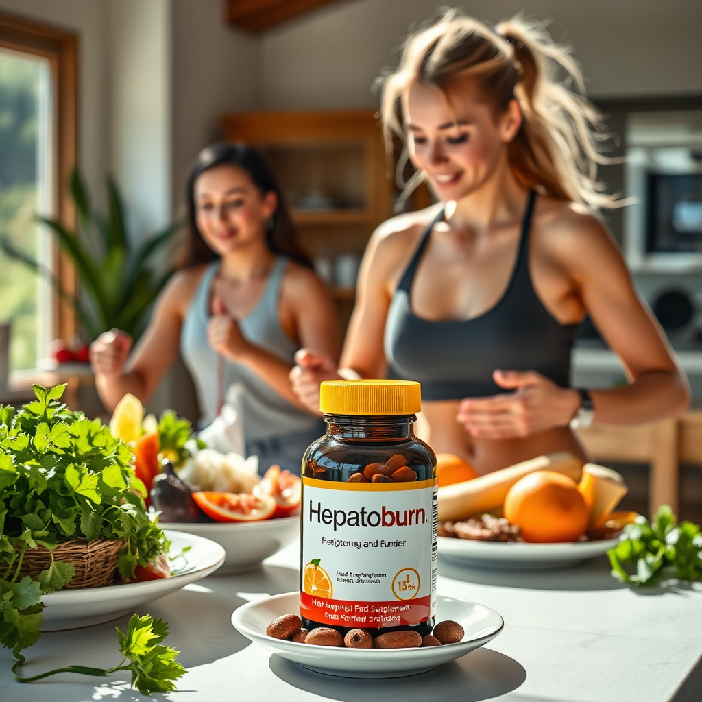 Create a photorealistic image showcasing a healthy lifestyle, including a nutritious meal, exercise, and the Hepatoburn supplement. Use bright, natural lighting to emphasize health and vitality. Camera angle should be a medium shot capturing the elements of a healthy lifestyle. This image should convey the synergistic effect of Hepatoburn with a healthy lifestyle.