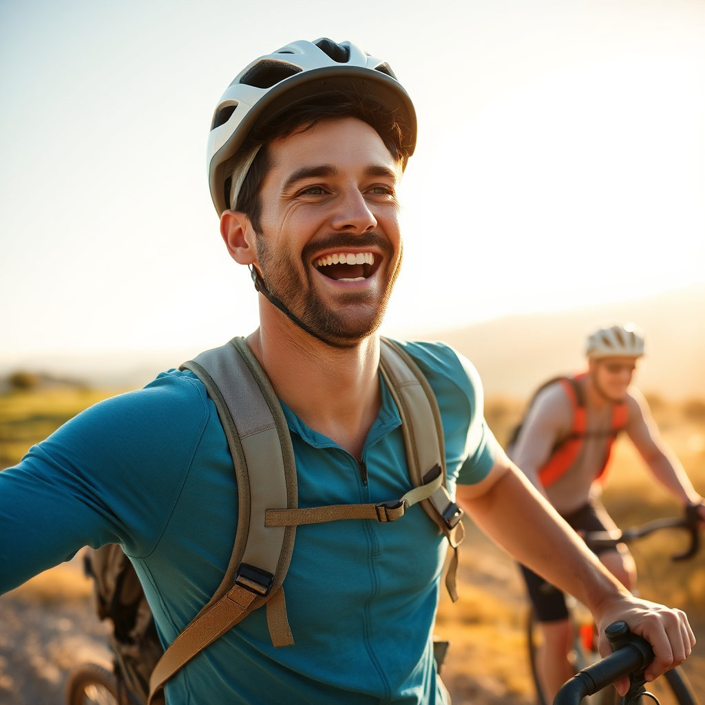Create a photorealistic image of a person full of energy, engaging in a physical activity like hiking or cycling. The person should appear vibrant and enthusiastic. Use bright, natural lighting to enhance the sense of energy. Camera angle should be a medium shot capturing the person's full body and expression. This image should convey the real-life benefit of improved energy levels from using Hepatoburn.