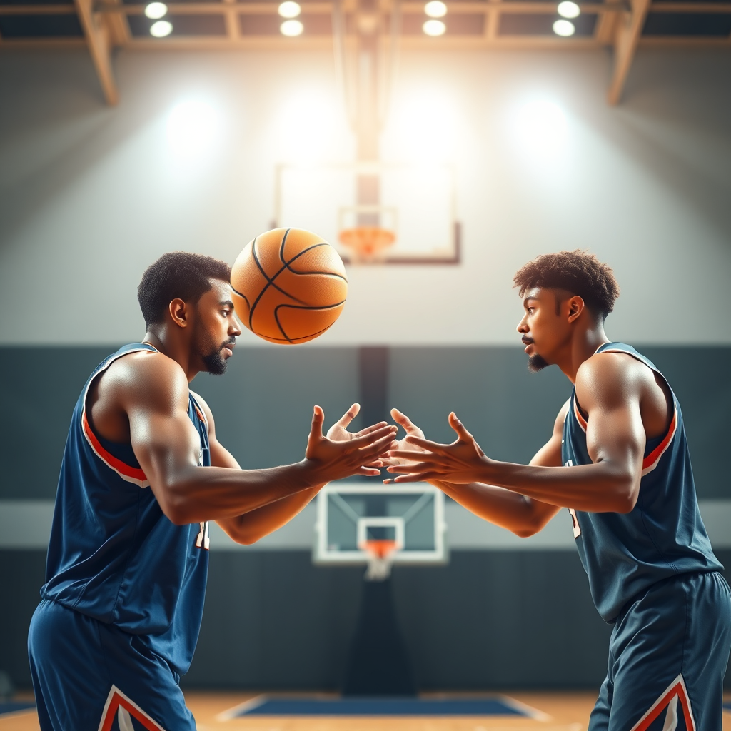 Create a photorealistic image of two basketball players passing the ball. The players should be facing each other, with one player releasing the ball and the other ready to receive it. The background should be a brightly lit basketball court. The focus should be on the ball's trajectory and the players' hands. Capture the communication and teamwork of the scene. 8k resolution, professional sports photography.