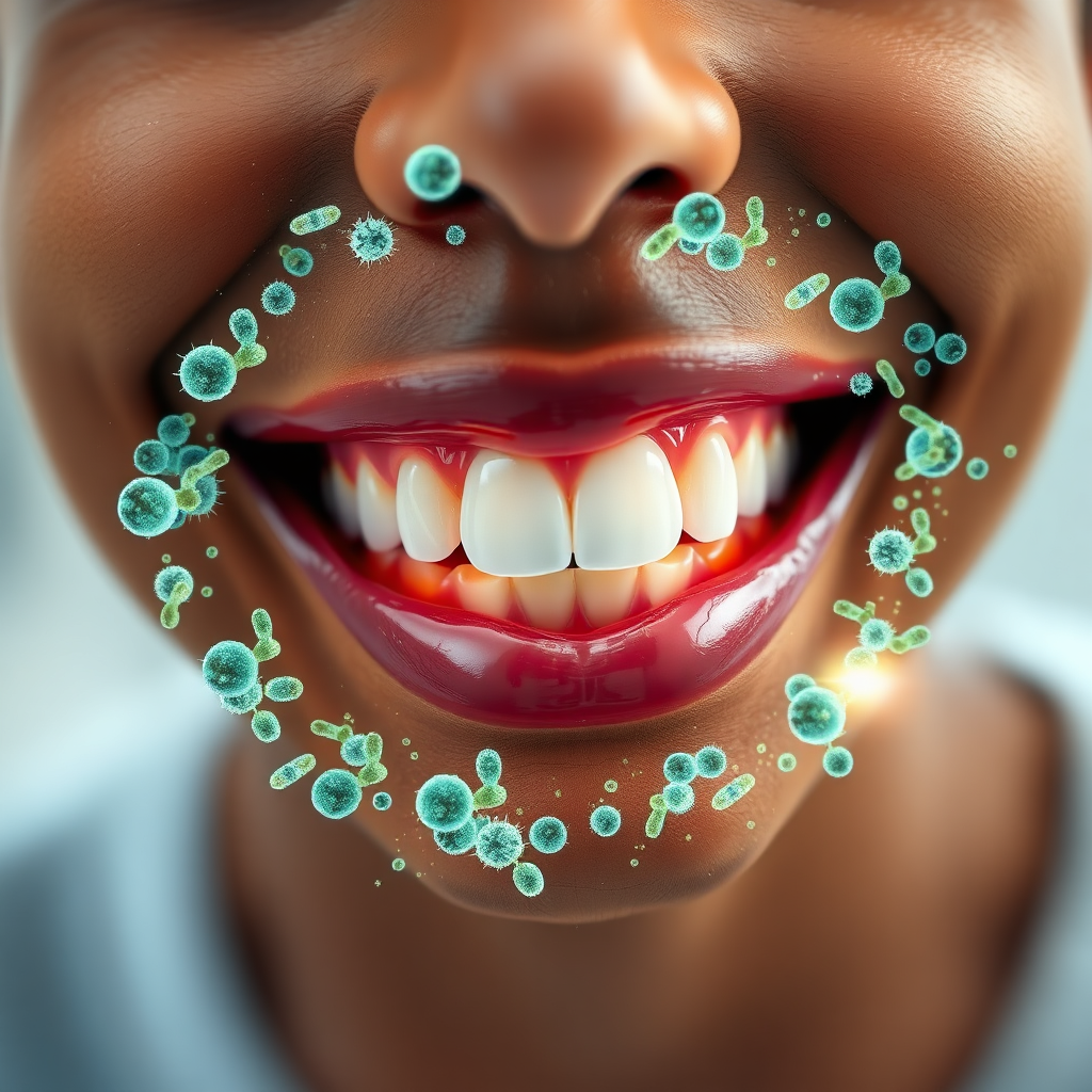 Create a photorealistic, ultra-high quality 8K image that embodies the essence of Prodentim. The central subject is a radiant, healthy smile showcasing perfectly aligned, gleaming teeth. Surrounding the teeth, visualize a vibrant and dynamic representation of the oral microbiome – not as menacing germs, but as a thriving ecosystem of beneficial bacteria. Use a soft, glowing light to illuminate this microscopic world, highlighting the diversity and harmony of the bacteria. The color palette should consist of a blend of calming blues, greens, and whites, symbolizing cleanliness, health, and purity. The background should be blurred, drawing focus to the central smile and the surrounding microbiome. Consider adding subtle, sparkling particles to represent the active ingredients of Prodentim working to nourish and protect the oral environment. Camera angle: slightly low, emphasizing the strength and confidence of the smile. Textural details: incredibly sharp focus on the enamel of the teeth, the subtle textures of the gums, and the intricate details of the bacterial ecosystem. Environment: a clean, minimalist setting. Style references: scientific visualization meets beauty product photography. The overall feeling should be one of trust, innovation, and natural wellness.