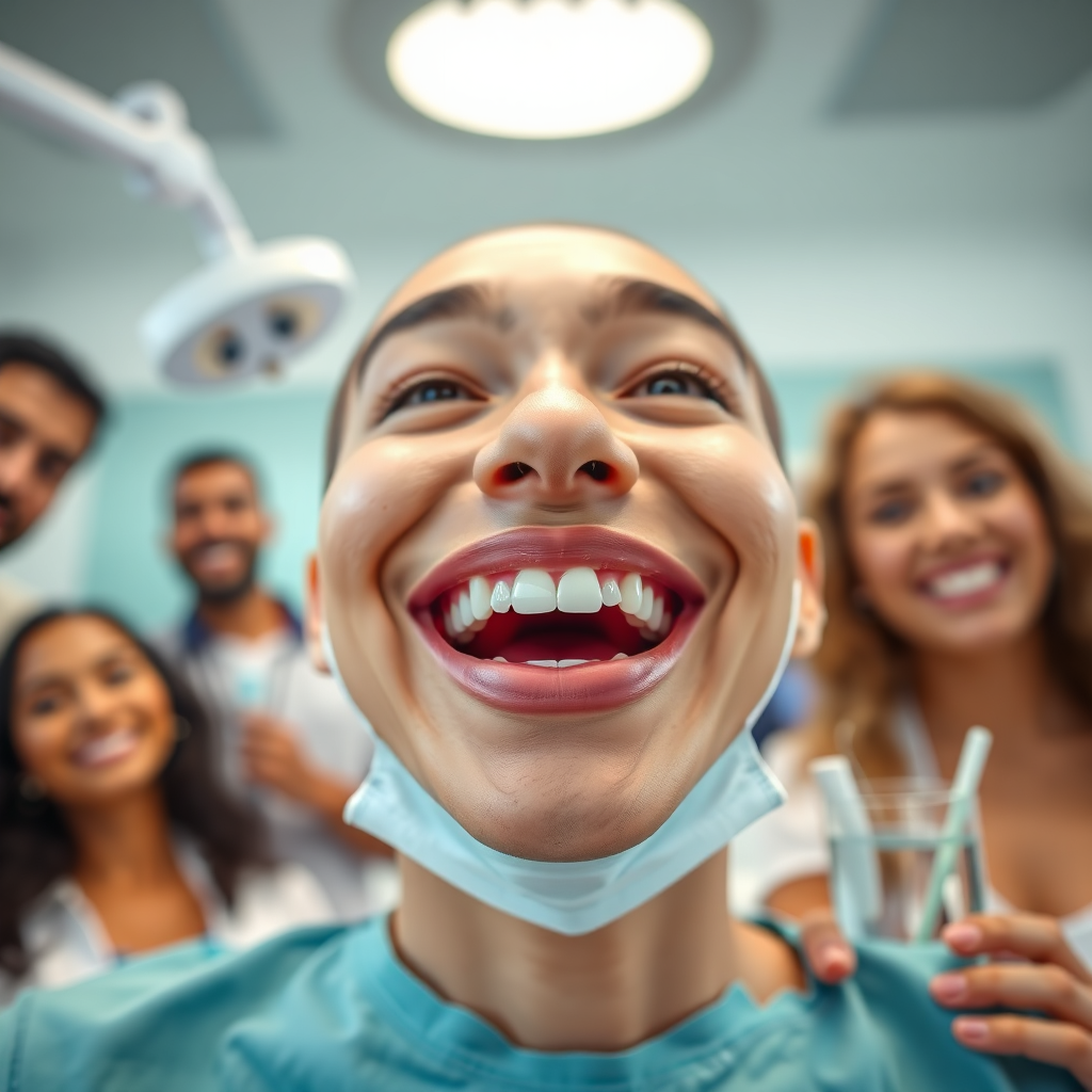 Create a photorealistic, ultra-high-quality header image for Prodentim, a dental care product. The image should feature a healthy, radiant smile as the focal point. A diverse range of people should be subtly included in the background, suggesting widespread appeal. The lighting should be bright and inviting, conveying cleanliness and freshness. The color palette should lean towards whites, blues, and light greens, evoking a sense of oral hygiene. The camera angle should be slightly low, making the smile appear empowering and confident. Pay close attention to texture details, such as the smoothness of teeth and the healthy pink of gums. The environment should be a clean, modern dental setting, perhaps with blurred elements of dental tools in the background. Props could include a toothbrush, dental floss, and a glass of water. The style should be modern and approachable, inspired by high-end dental advertising. The image should be rendered in 8K resolution with hyperrealistic detail.