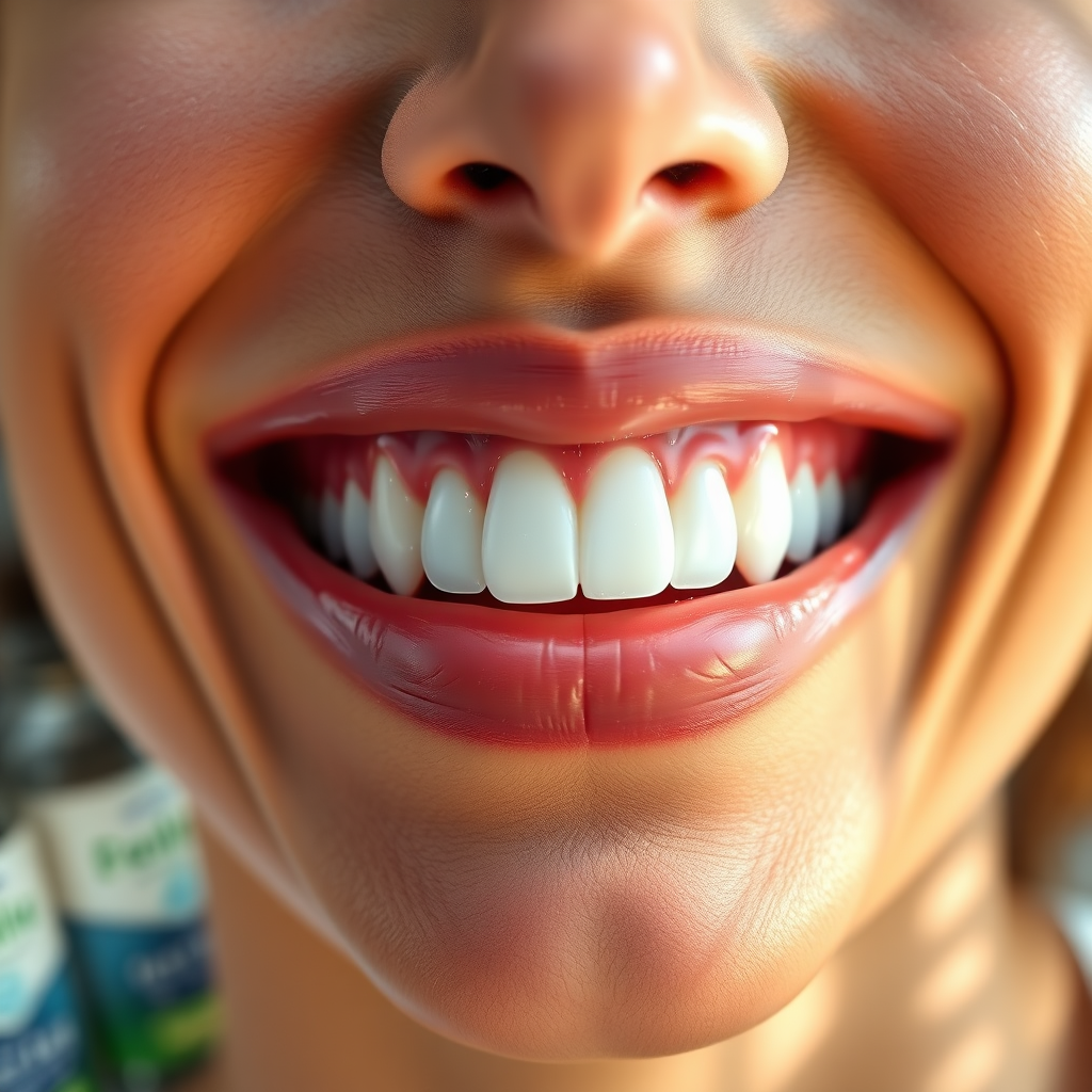 Create a photorealistic, ultra-high quality 8K image representing Prodentim's effectiveness against bad breath. The central focus is a close-up of a healthy, radiant smile, with sparkling clean teeth and healthy gums. The background is subtly blurred, suggesting a vibrant, active lifestyle. The lighting should be bright and natural, highlighting the freshness and cleanliness of the mouth. Consider adding subtle visual cues representing the beneficial bacteria at work, perhaps using glowing particles or a soft, diffused light emanating from the gums. Camera angle should be slightly low, emphasizing the confidence and beauty of the smile. The color palette should be dominated by whites, blues, and greens, conveying freshness and cleanliness. Textures should be highly detailed, showcasing the natural contours and details of the teeth and gums. The overall style should be hyperrealistic, aiming for a scientifically accurate yet aesthetically pleasing representation of oral health. Include a small, blurred Prodentim bottle in the background.