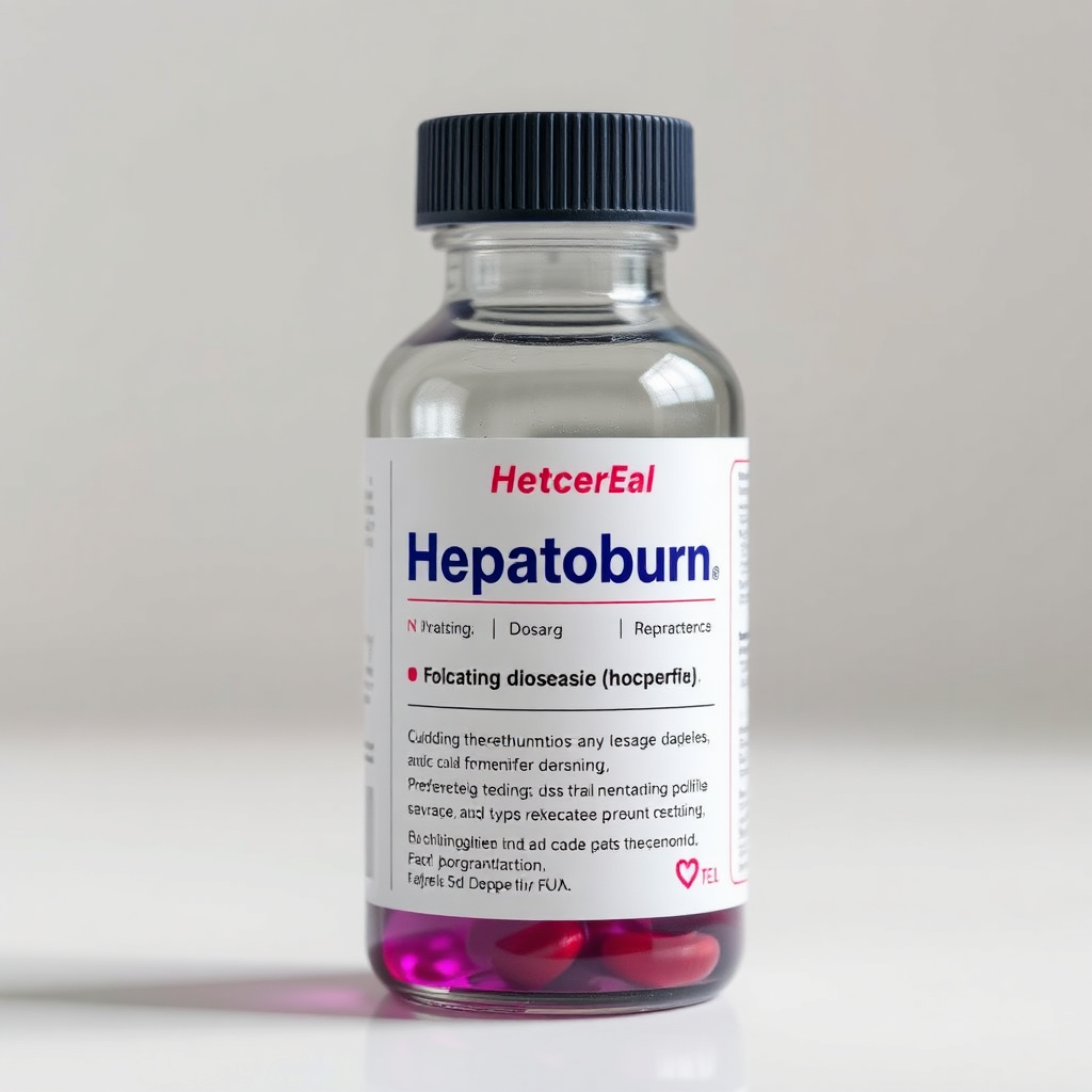 Create a product shot of the Hepatoburn bottle with clear dosage instructions highlighted. The bottle should be clean and professional-looking with easy-to-read labeling. Use soft, diffused lighting to showcase the product. Camera angle should be slightly elevated to provide a clear view of the label. This image should emphasize the importance of following dosage guidelines.