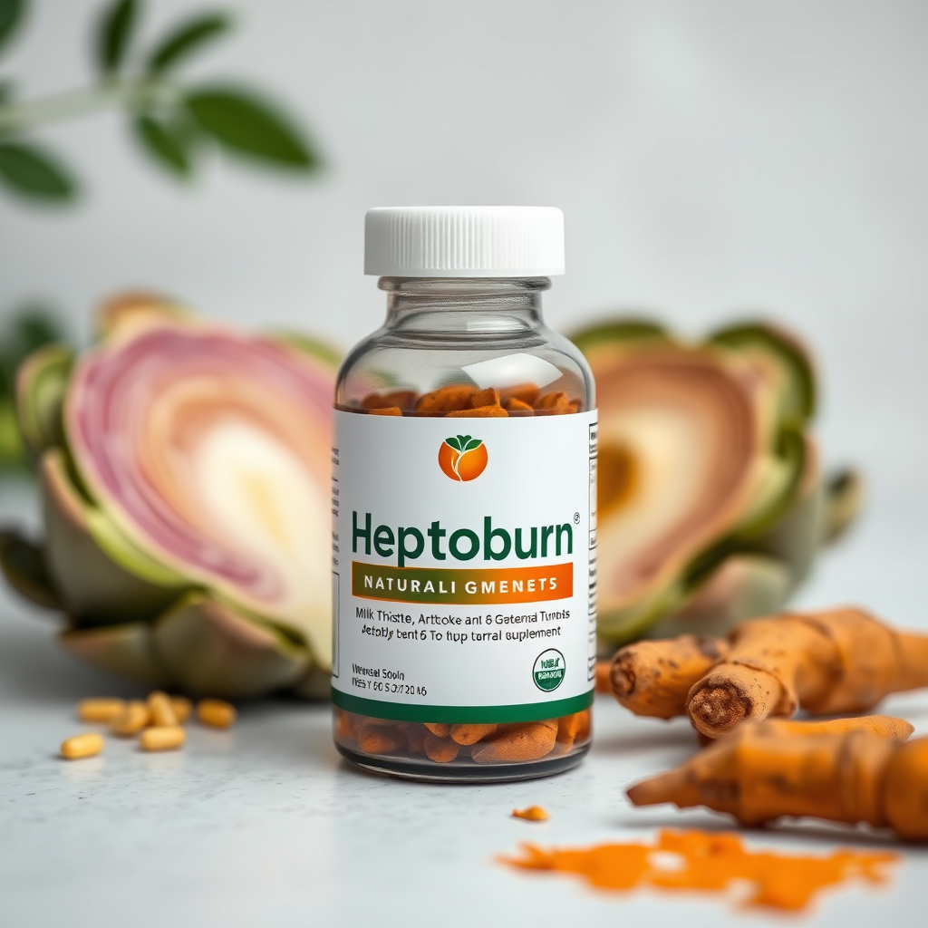 Create a product shot of the Hepatoburn supplement bottle with a backdrop of natural ingredients like milk thistle, artichoke, and turmeric. The bottle should be clean and professional-looking with clear labeling. The ingredients should be arranged artfully to highlight their natural origins. Lighting should be soft and diffused, showcasing the colors and textures of both the bottle and the ingredients. Camera angle should be slightly elevated to provide a clear view of the product. Use a shallow depth of field to blur the background slightly. This image should convey trust and quality, emphasizing the natural and beneficial components of Hepatoburn.