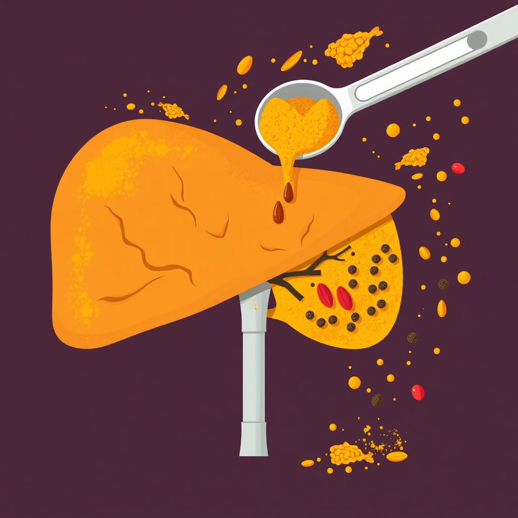 Create a stylized digital illustration of a liver struggling to process an excessive amount of turmeric and black pepper. The liver should be depicted with visible signs of stress, while the turmeric and black pepper are overwhelming and consuming it. Use a vibrant color scheme for the spices and a more muted tone for the liver, emphasizing the imbalance. Add subtle details like measuring spoons overflowing with spices and damaged cell structures within the liver. The composition should convey the feeling of being overburdened and overwhelmed.