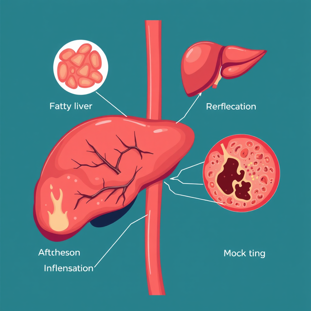 Create a stylized illustration representing common liver issues, such as fatty liver disease, inflammation, and damage. Use a combination of informative visuals and a professional color palette. Lighting should be informative and clear. Camera angle should be a cross-section view. This image should provide an overview of common liver issues.
