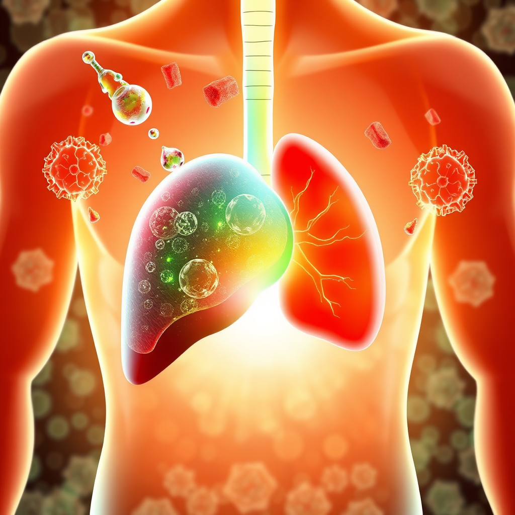 Create a stylized illustration of the liver undergoing a detoxification process. Use vibrant colors to represent toxins being flushed out and healthy cells being revitalized. The liver should be depicted in a positive, energized state. Lighting should be bright and dynamic to symbolize renewal. Camera angle should be a close-up view of the liver's cellular structure. This image should convey the effectiveness of Hepatoburn in supporting the liver's natural functions and promoting overall health.