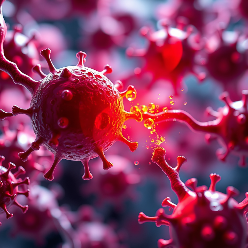 Create a stylized image representing antioxidants protecting liver cells from damage. Use vibrant colors to represent antioxidants and harmful elements. Lighting should be dynamic, showcasing the protective action. Camera angle should be a close-up of the cellular level. This image should illustrate the protective benefits of Hepatoburn's antioxidants.