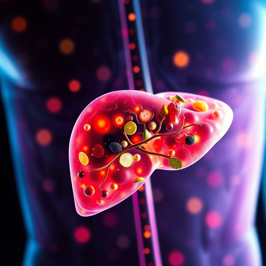 Create a stylized image representing a healthy liver working efficiently to metabolize nutrients. Use a vibrant and dynamic color palette to convey energy and activity. Show nutrients being processed and converted into usable energy. Lighting should be bright and energetic. Camera angle should be a close-up, focusing on the liver's internal processes. This image should illustrate the connection between liver health and efficient metabolism, emphasizing the importance of a healthy liver for weight management.