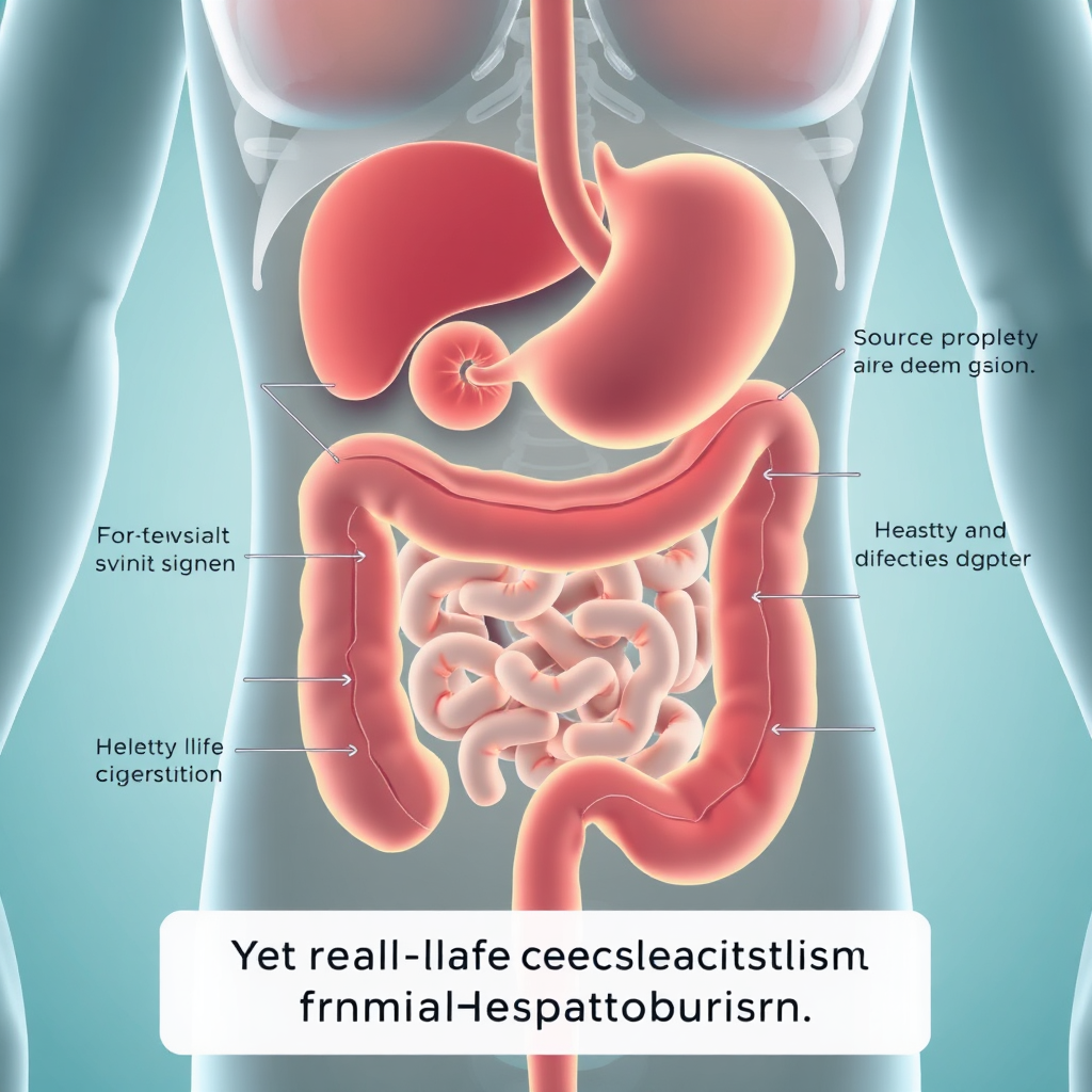 Create a stylized image representing a healthy digestive system with smooth and efficient processes. Use calming colors and gentle lighting. Camera angle should be a cross-section of the digestive tract. This image should illustrate the real-life benefit of improved digestion from Hepatoburn.