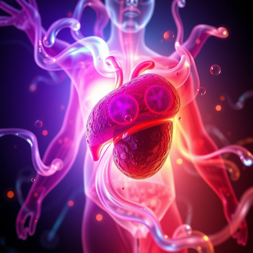 Create a stylized image representing the detoxification process with clean and flowing energy. Use vibrant colors to represent health and vitality, contrasting with darker tones to represent toxins. Lighting should be dynamic and transition from dark to light. Camera angle should be a close-up view of the detoxification process. This image should convey the detoxification benefits of Hepatoburn.