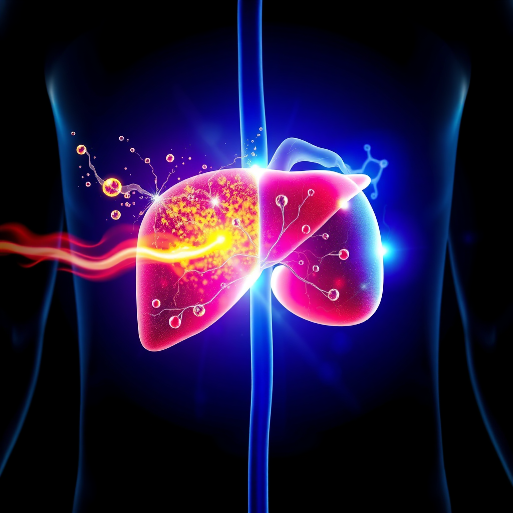 Create a stylized image representing the detoxification process in the liver, with toxins being eliminated and clean energy flowing. Use a contrasting color palette, with dark colors representing toxins and bright colors representing health and vitality. Lighting should transition from dark to light, symbolizing the detoxification process. Camera angle should be a dynamic view of the liver. This image should visually convey the connection between detoxification and weight loss.