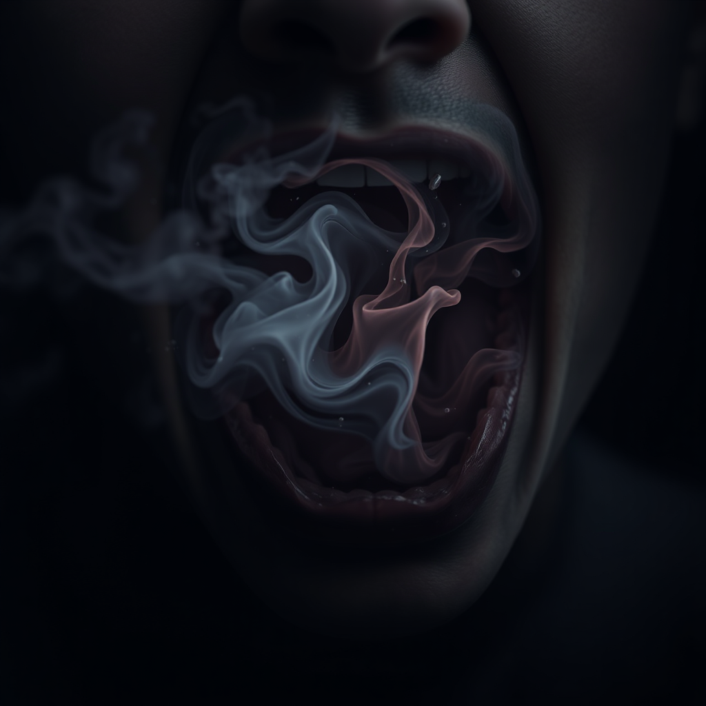 Create a stylized, slightly abstract image representing bad breath. The central element is a swirling cloud of dark, muted colors (greys, browns, and purples) emanating from a mouth. The mouth itself should be partially obscured, focusing on the origin of the unpleasant smell. Add subtle visual cues, such as decaying food particles or microscopic debris, to reinforce the idea of odor-causing agents. The background should be dark and out of focus, creating a sense of unease. Lighting: dim and somber. Style: Dark and moody concept art. This image should evoke a feeling of unpleasantness and motivate the viewer to seek a solution. 8K resolution, high detail.