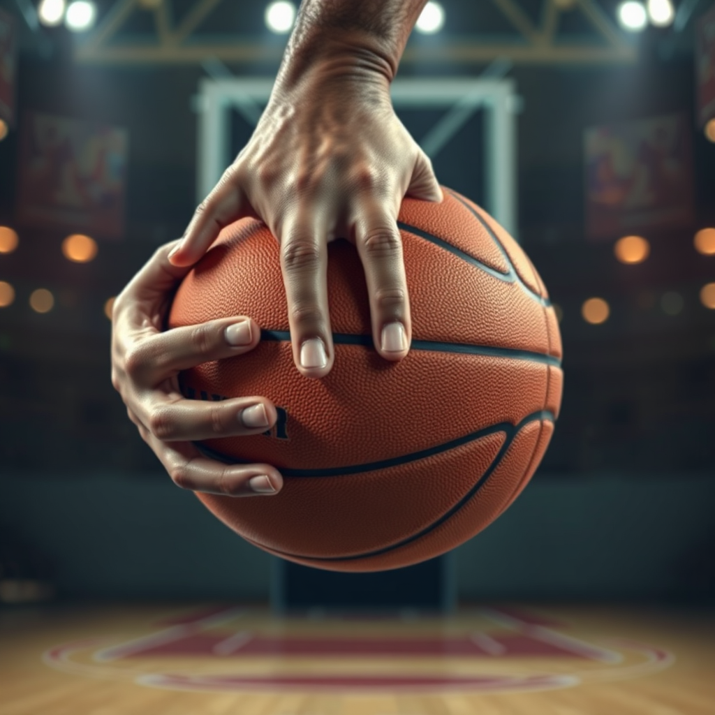 Create a surreal, hyperrealistic image of a basketball player whose hands are partially merging with the basketball. The transition between the player's skin and the ball's surface should be seamless and visually striking, creating a sense of perfect control and connection. The background should be a blurred basketball court with dynamic lighting effects. Emphasize the intricate details of the player's hands and the texture of the ball. The overall effect should be both artistic and slightly unnerving, conveying the player's mastery over the ball. 8k resolution, digital art.