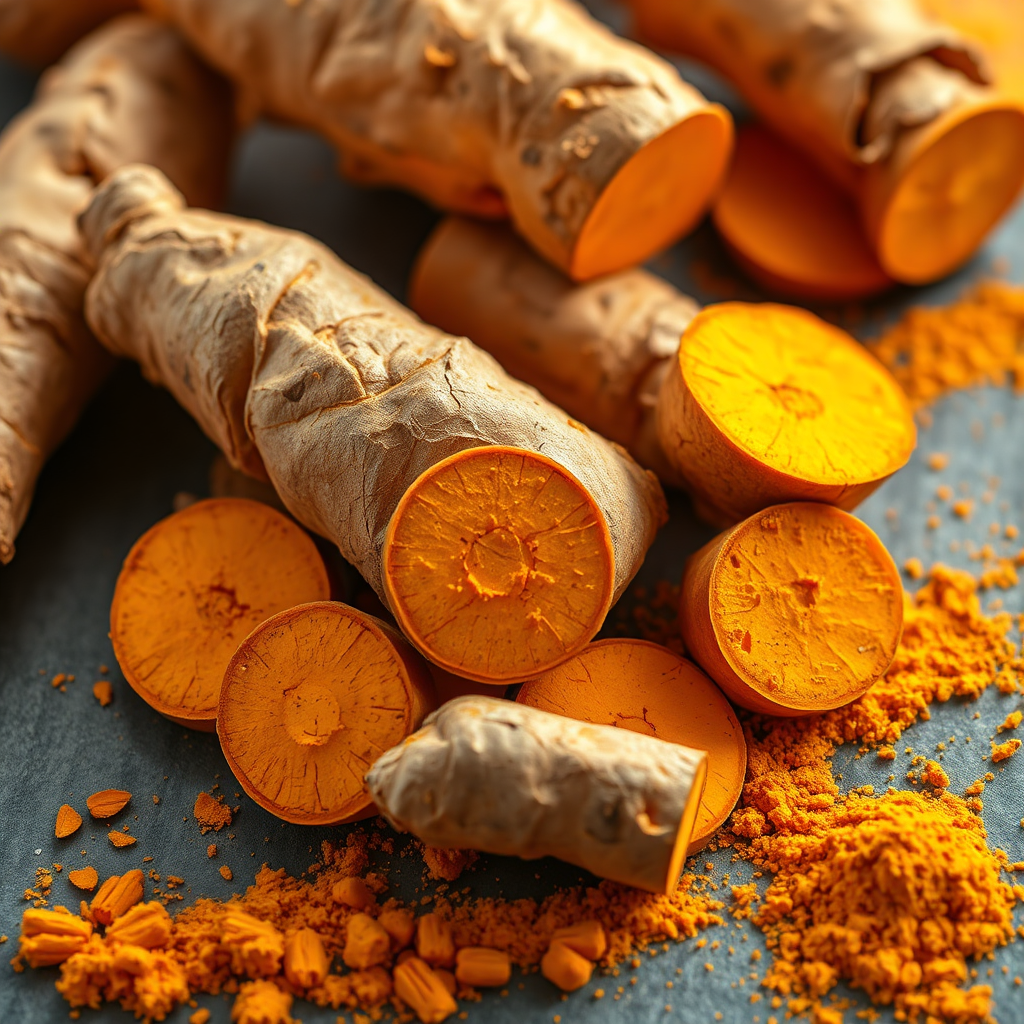 Create a vibrant and photorealistic image of turmeric root, both whole and sliced, showcasing its bright orange color. Arrange the turmeric pieces in an appealing manner, possibly with some ground turmeric powder nearby. Use warm, golden lighting to enhance the color and texture. Camera angle should be a close-up, emphasizing the rich pigments and the natural texture of the root. This image should convey the potent antioxidant and anti-inflammatory properties of turmeric.