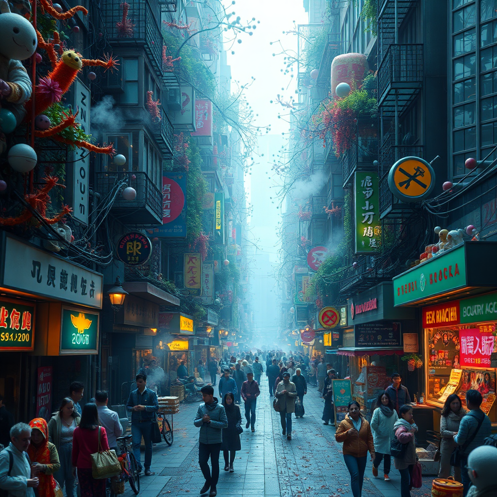 Create a visual metaphor depicting the oral microbiome as a vibrant, bustling city. Focus on a street filled with diverse bacterial inhabitants, with some areas overcrowded and emitting unpleasant fumes, while others are clean and fresh. The lighting should shift between bright, healthy zones and darker, problematic spots. Use a color palette that reflects this contrast, with vibrant hues for thriving areas and muted tones for areas of imbalance. Emphasize the interconnectedness of the environment, suggesting that one part affects the whole. Render the scene in a slightly stylized manner with 8K resolution, highlighting the dynamic nature of the oral microbiome.