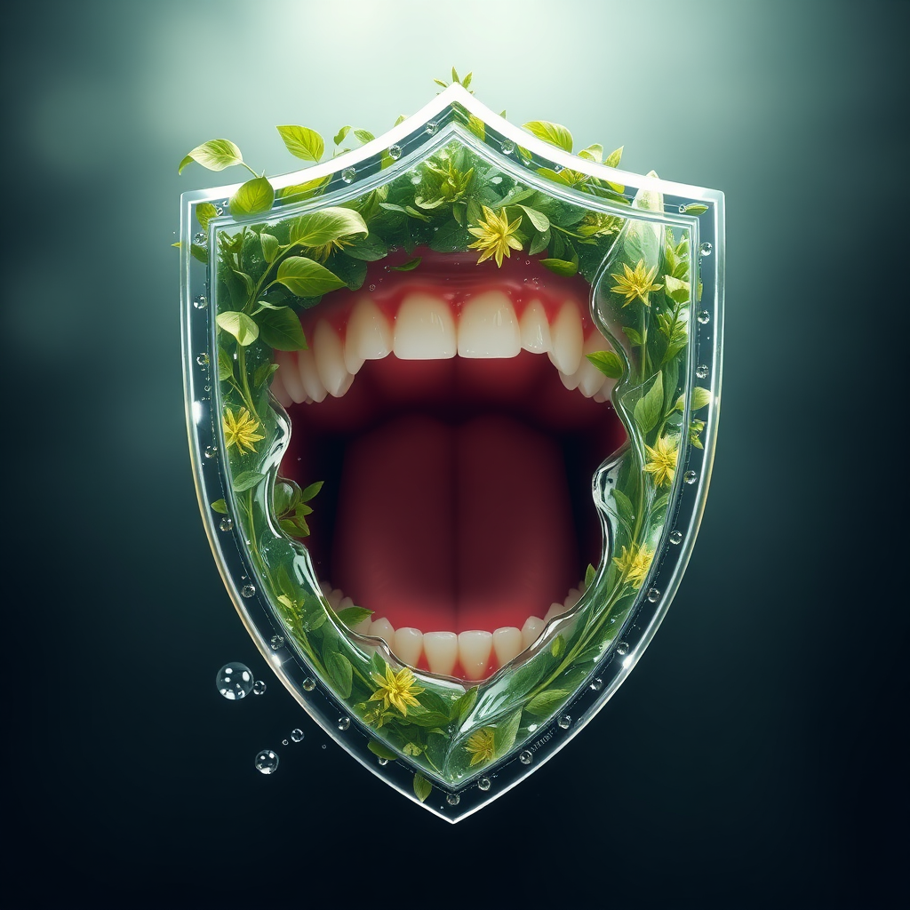 Create a visual metaphor of Prodentim as a natural shield protecting a mouth from bad breath. The shield should be made of natural elements, such as plants and water, symbolizing the natural solution. The mouth should be healthy and vibrant, surrounded by the protective shield. Use a natural and calming color palette to emphasize the natural qualities of Prodentim. The lighting should be soft and diffused, highlighting the protective qualities of the shield. Render in 8K resolution with a focus on creating a sense of security and well-being.