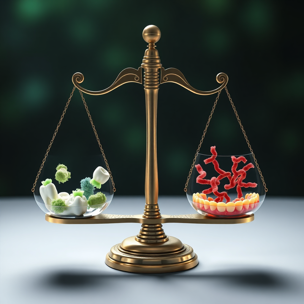 Create a visual metaphor representing the connection between bacterial balance and oral health. Visualize a set of scales, with beneficial bacteria on one side and harmful bacteria on the other. When the scales are balanced, the image shows a healthy mouth with bright teeth and pink gums. When the scales are unbalanced (with harmful bacteria outweighing the beneficial), the image shows signs of oral health problems, such as inflammation and decay. Lighting: balanced lighting to highlight both sides of the scales. Color palette: Greens and blues representing health, and reds and yellows representing inflammation. Style: Conceptual art, 8K resolution.