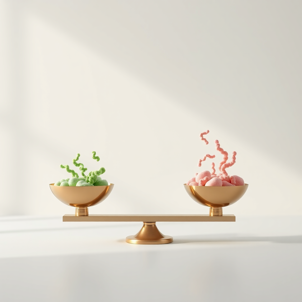 Create a visual representation of a scale balancing, with beneficial bacteria on one side and harmful bacteria on the other. Prodentim is gently adding beneficial bacteria to tip the scale in favor of a healthy oral microbiome. Use a clean and minimalist design with a color palette that emphasizes balance and harmony. The lighting should be soft and inviting, highlighting the positive effect of Prodentim. Render in 8K resolution with a focus on clarity and simplicity.
