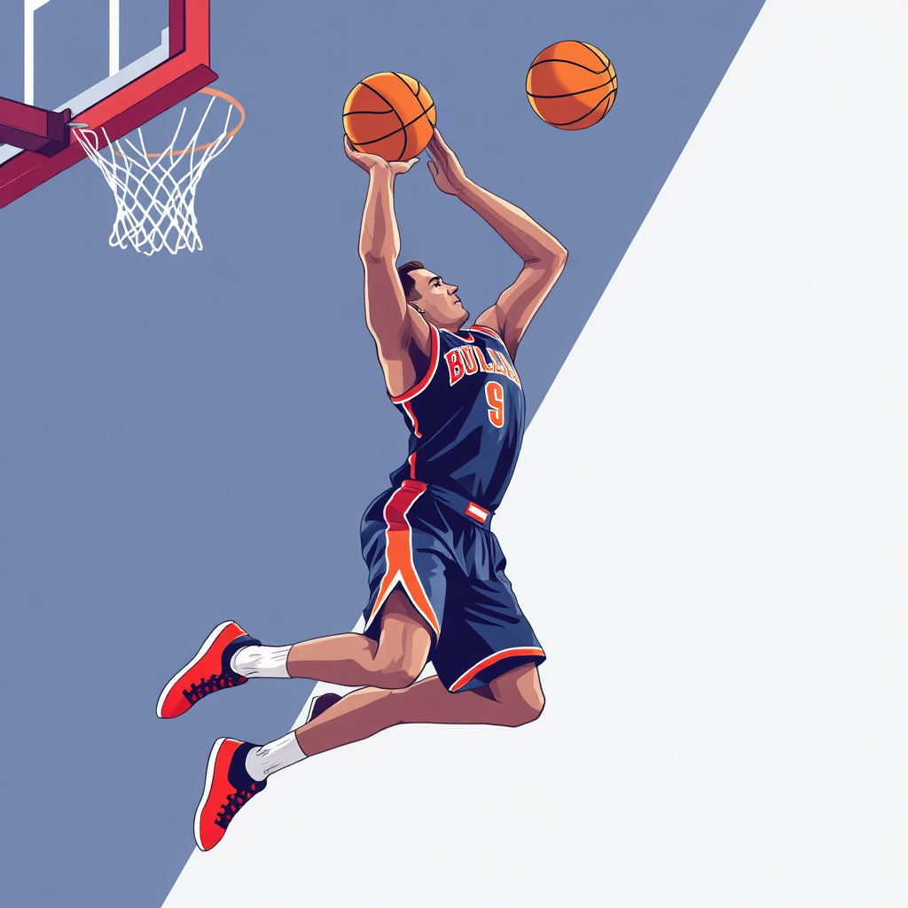 Create an illustration of a basketball player scoring points. Use a very modern style and focus on the concept. 8k resolution, professional illustration.