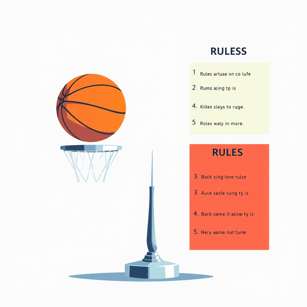 Create an illustration of a basketball being in the middle of a scale and the rules of the game on the other side. Make it abstract but very modern. 8k resolution, professional illustration.